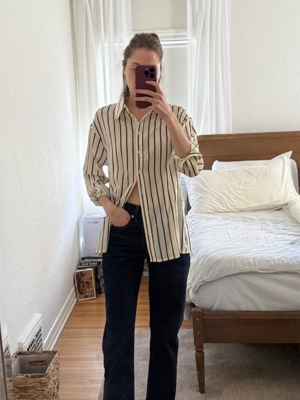Striped Button-Up Shirt in Cream and Brown